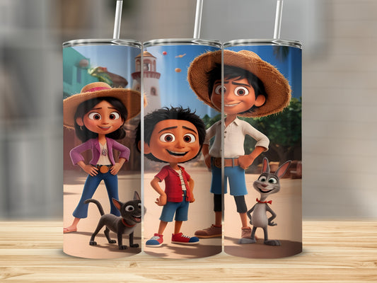 Three animated children and a rabbit with straws, standing outdoors.