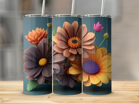 Three tumblers featuring colorful floral designs on a wooden surface.