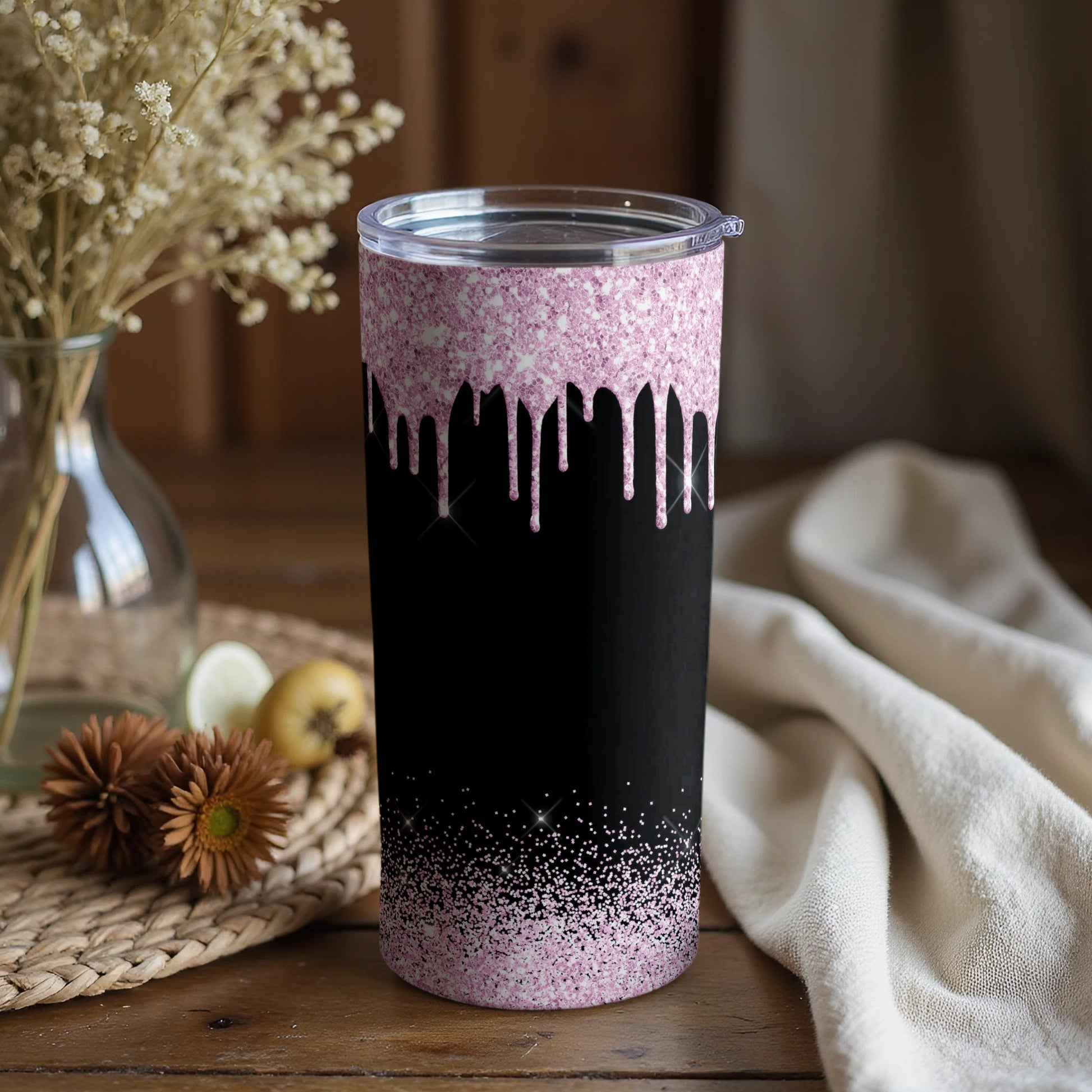 Pink and Black Glitter Dripping Tumbler Product