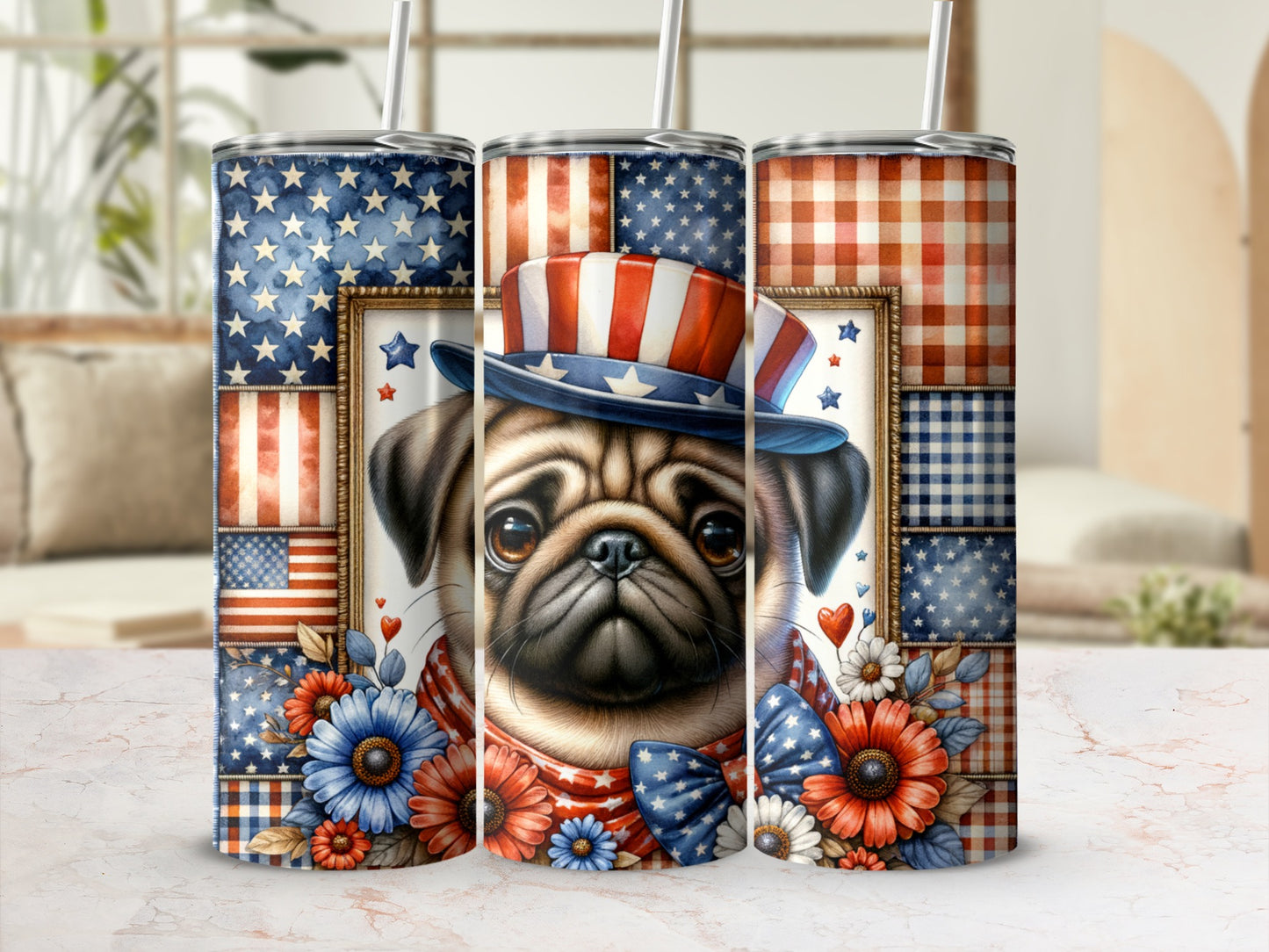 Patriotic pug in a top hat with fireworks and floral accents.
