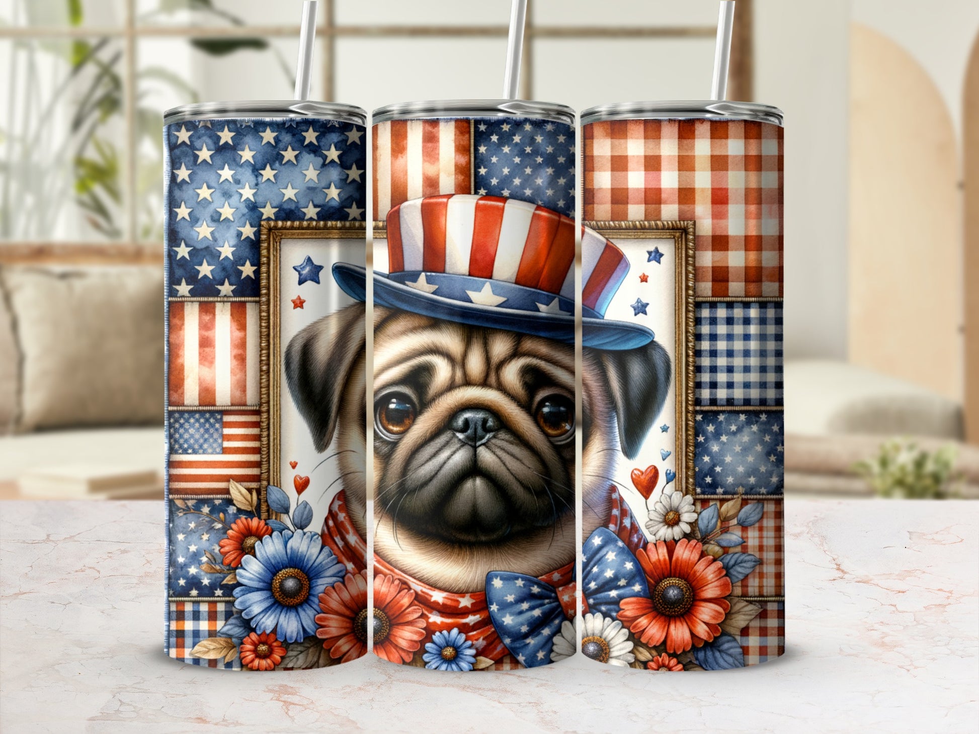 Patriotic pug in a top hat with fireworks and floral accents.