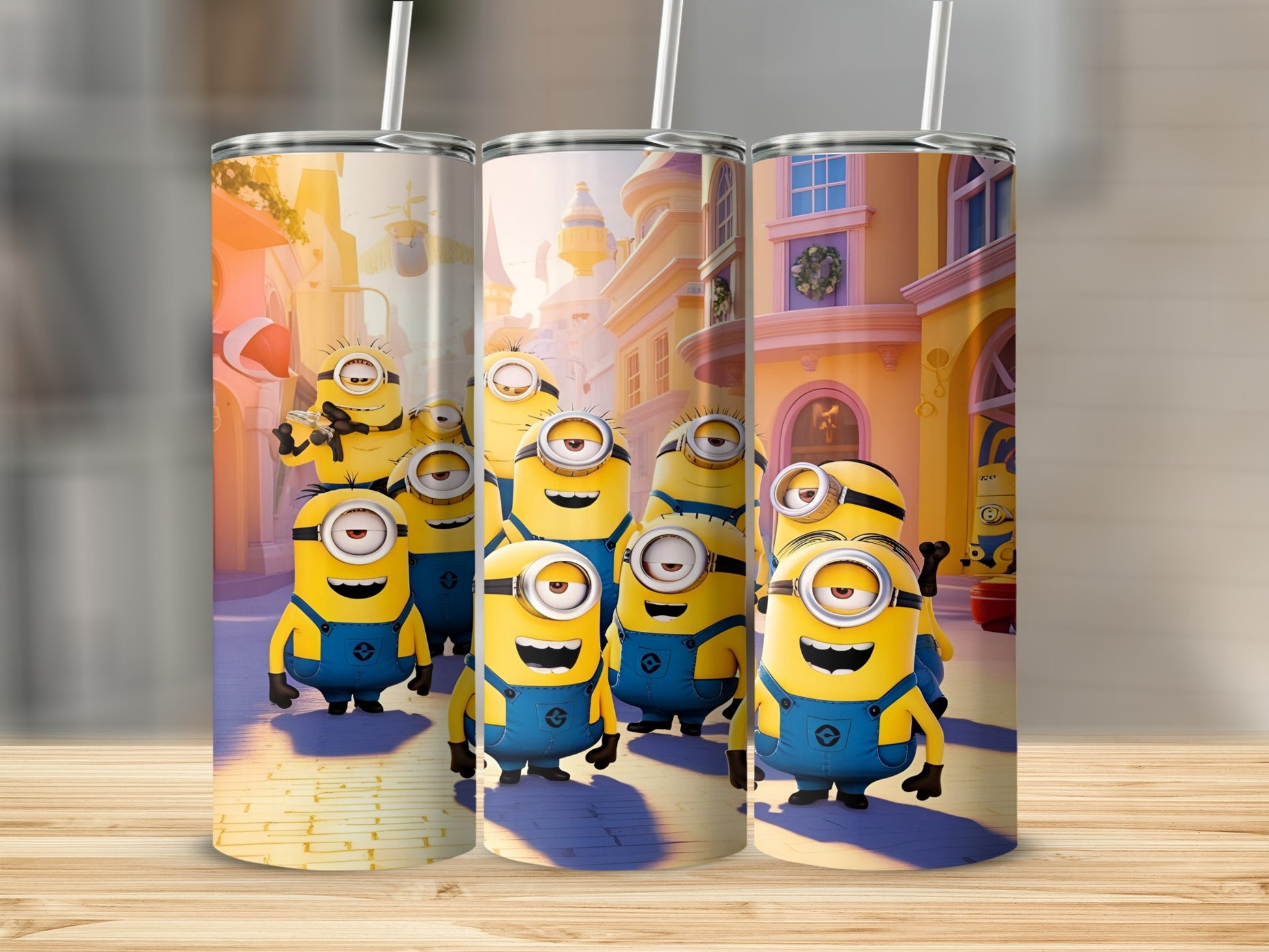 Minions from Despicable Me smiling and waving on a colorful street.
