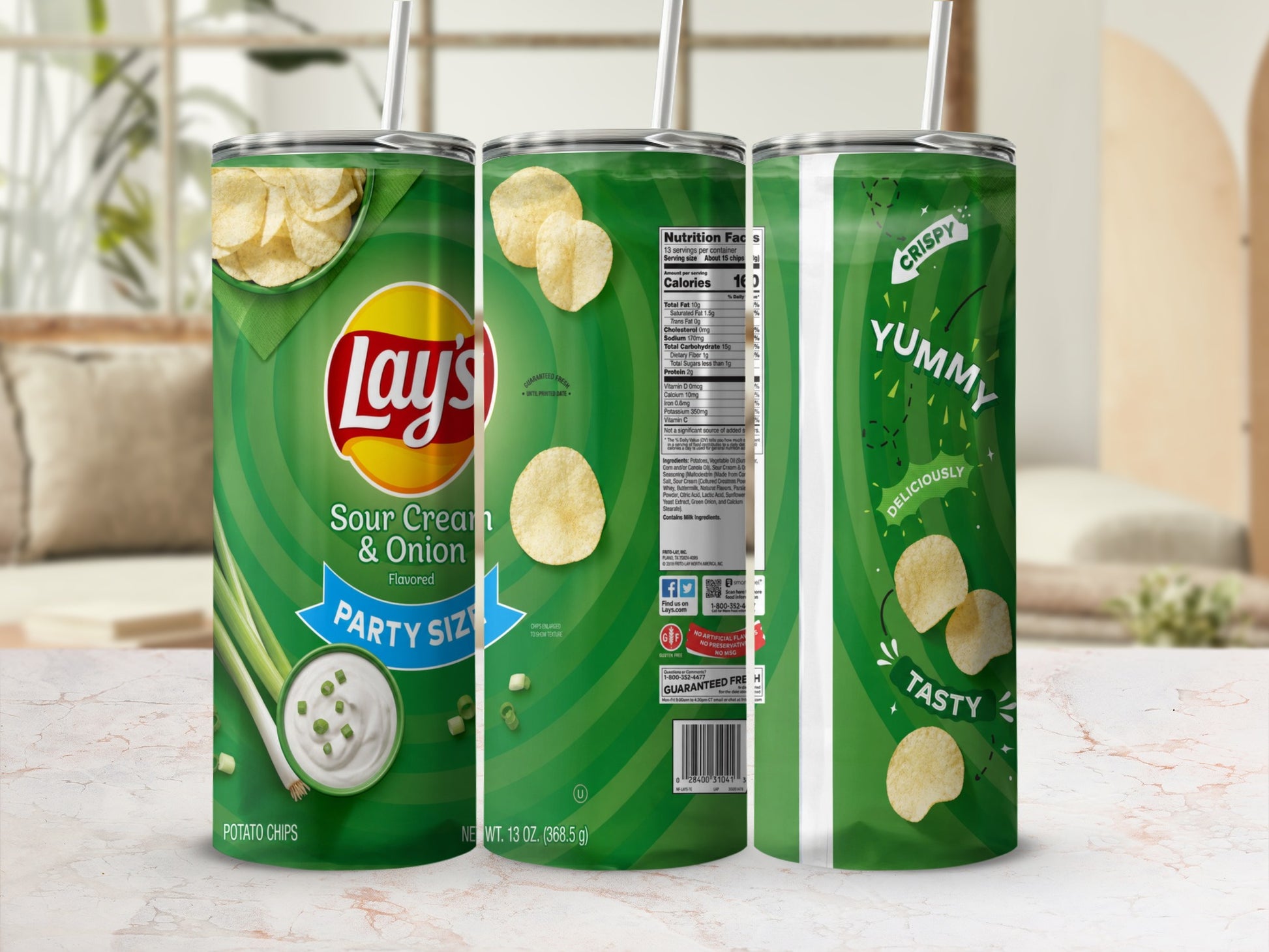 Lay's Sour Cream & Onion Party Size Potato Chips can with straw.