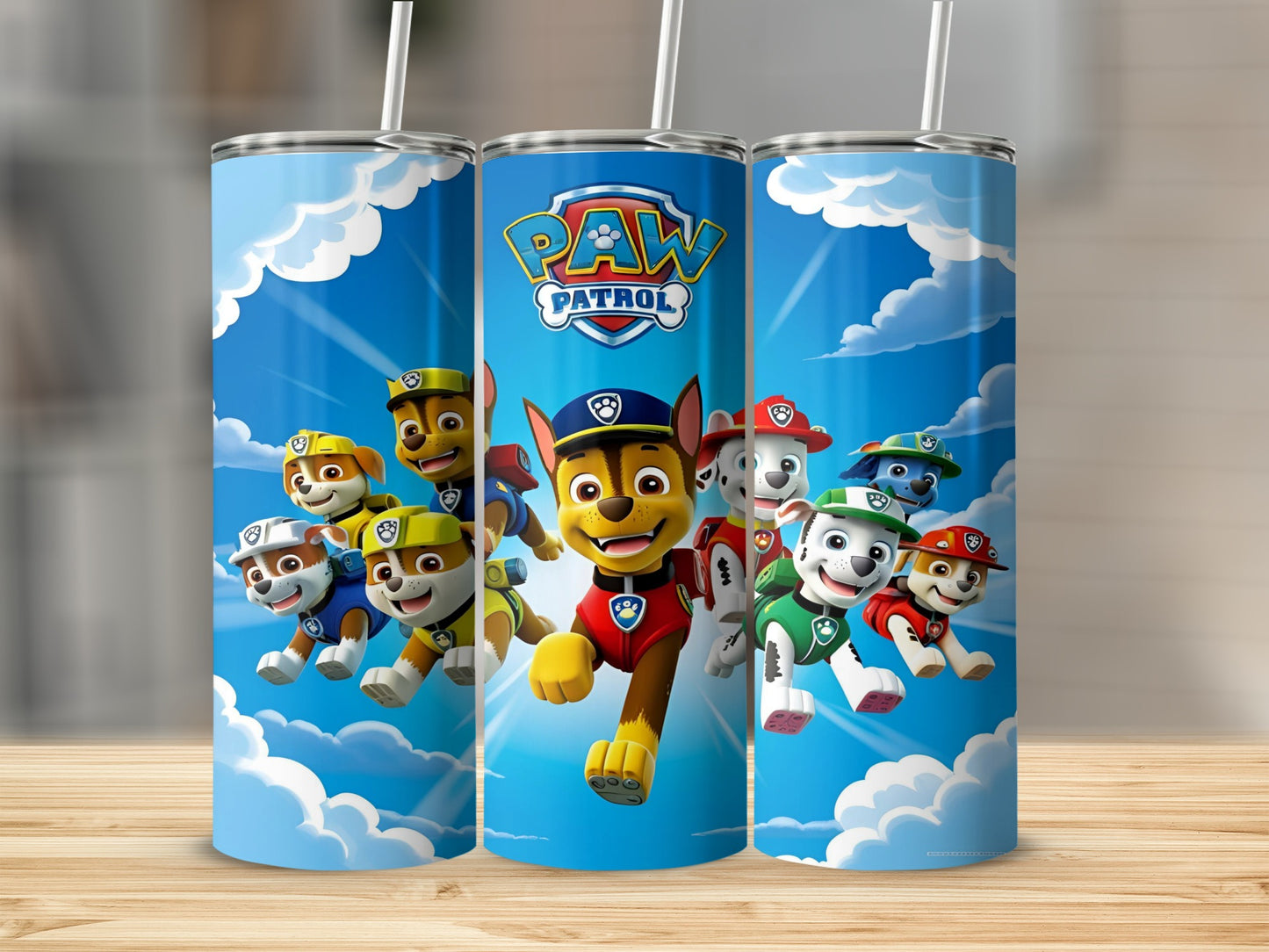 Paw Patrol characters in action against a sky and cloud background.