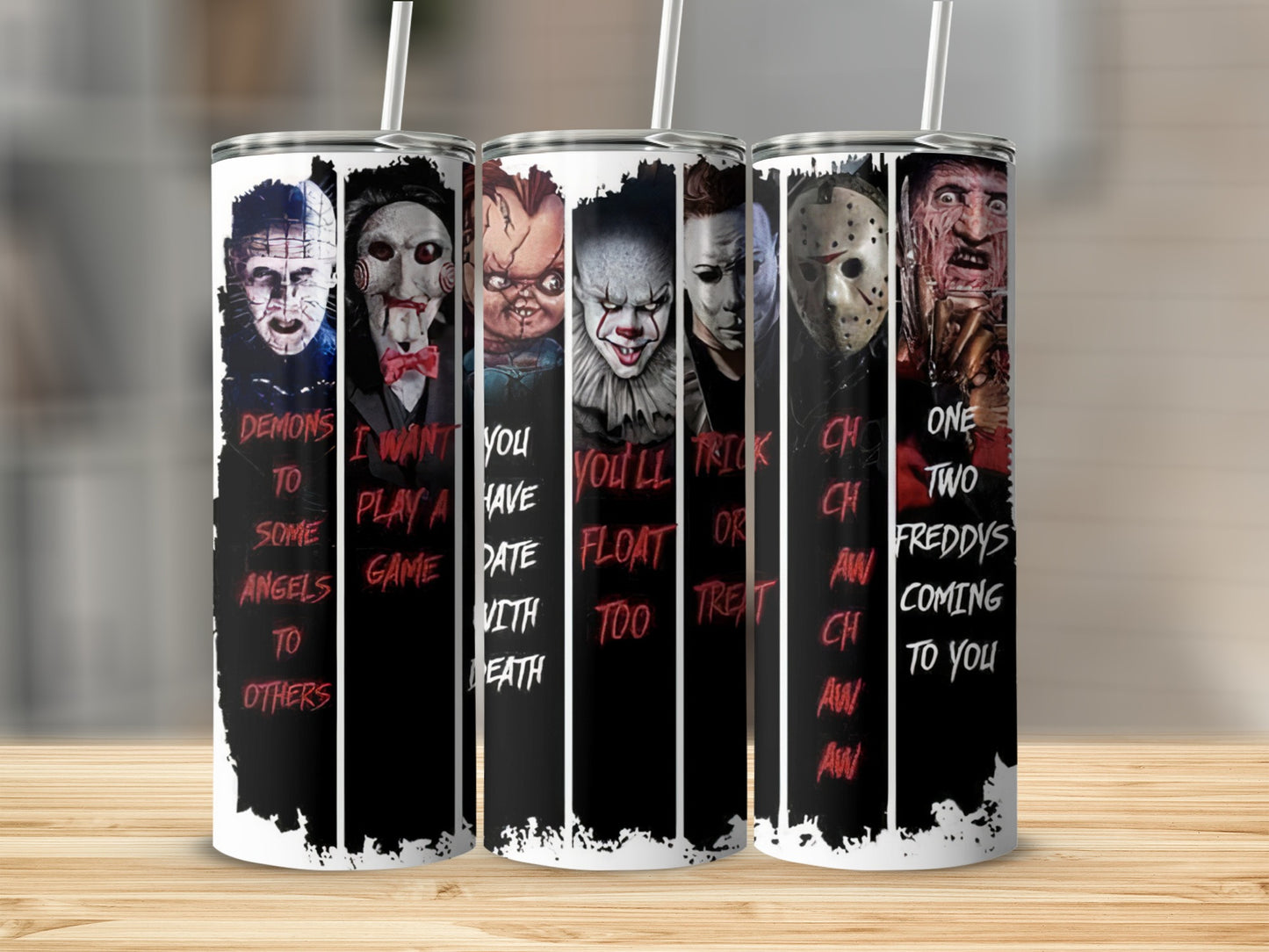 Tumblers featuring horror movie villains and character quotes.