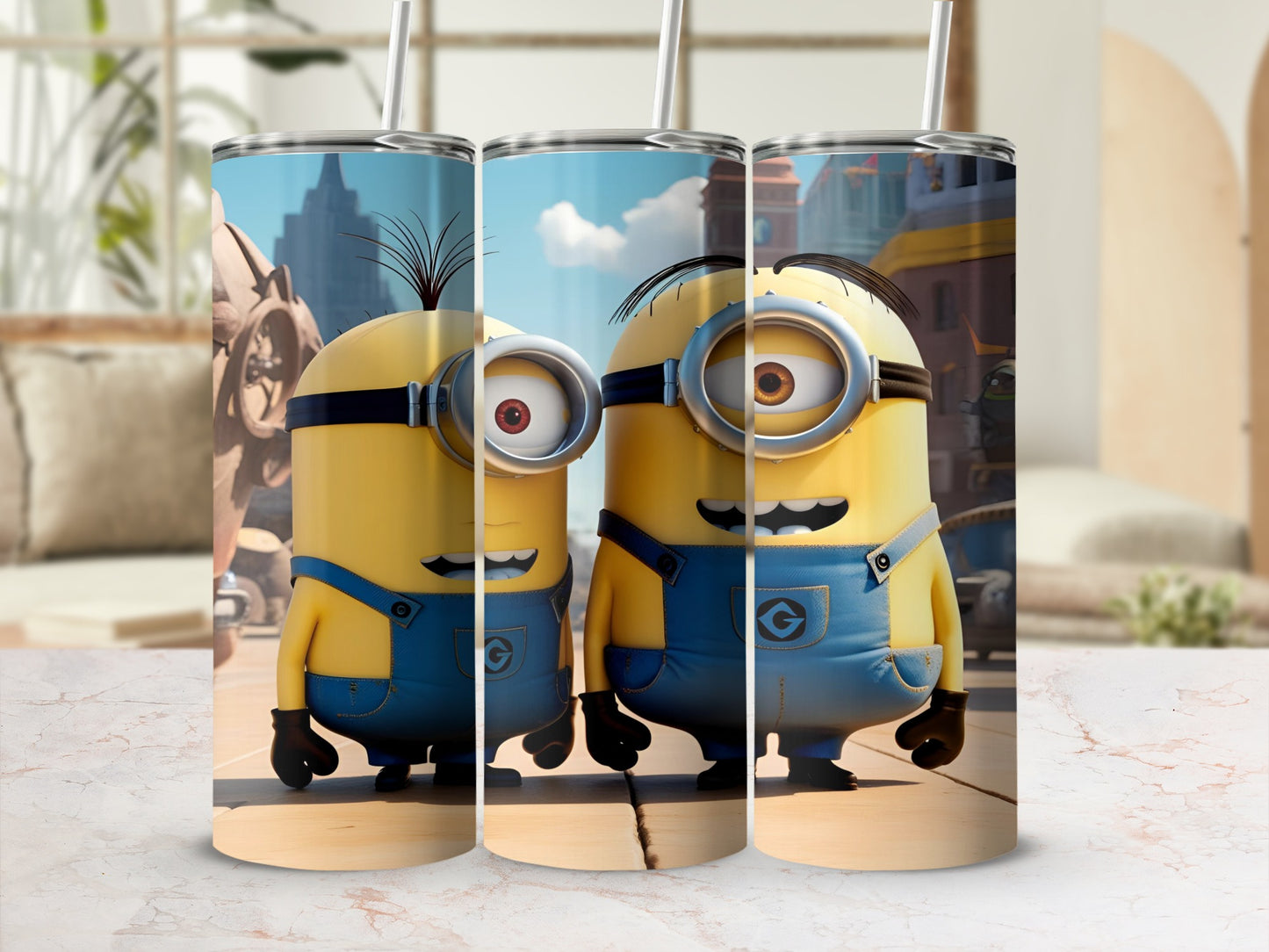 Two Minions with overalls and goggles stand side-by-side on a tumbler.