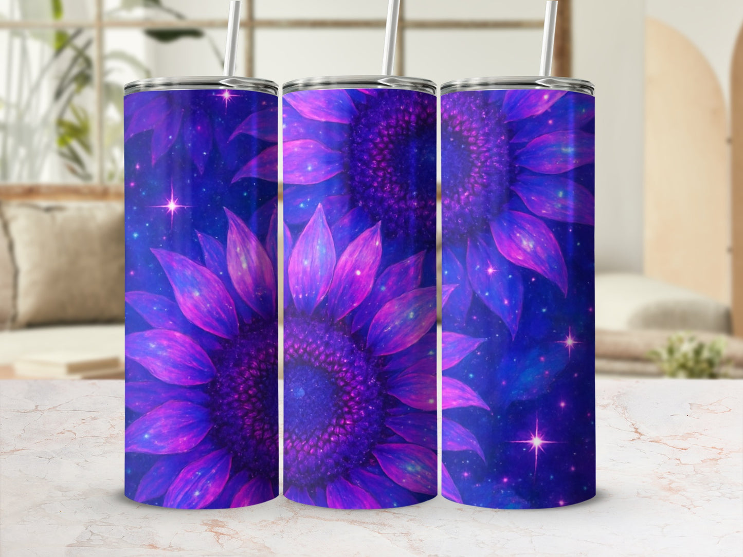 Cosmic Purple Sunflower Starry Night Tumbler