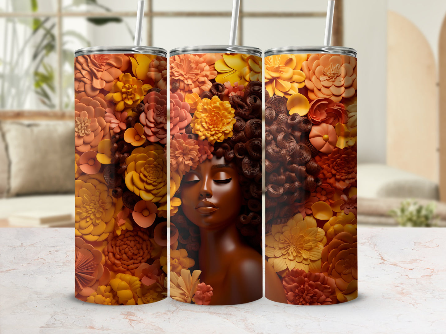 Woman with floral crown on 3 seamless tumblers.