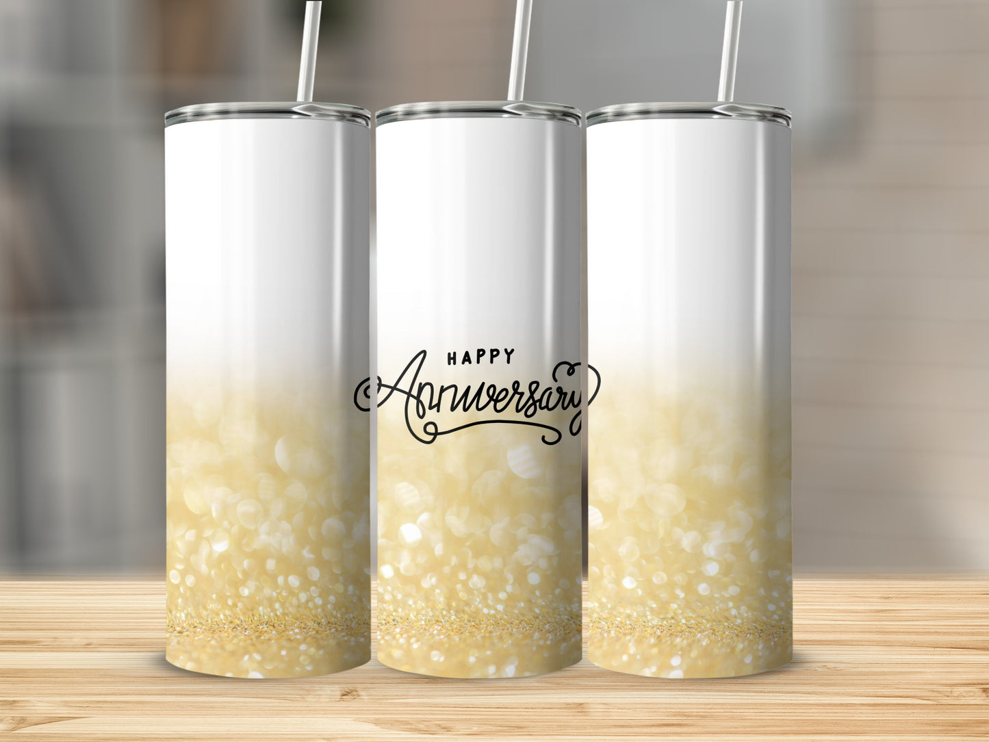 White tumbler with gold glitter and "Happy Anniversary" text.