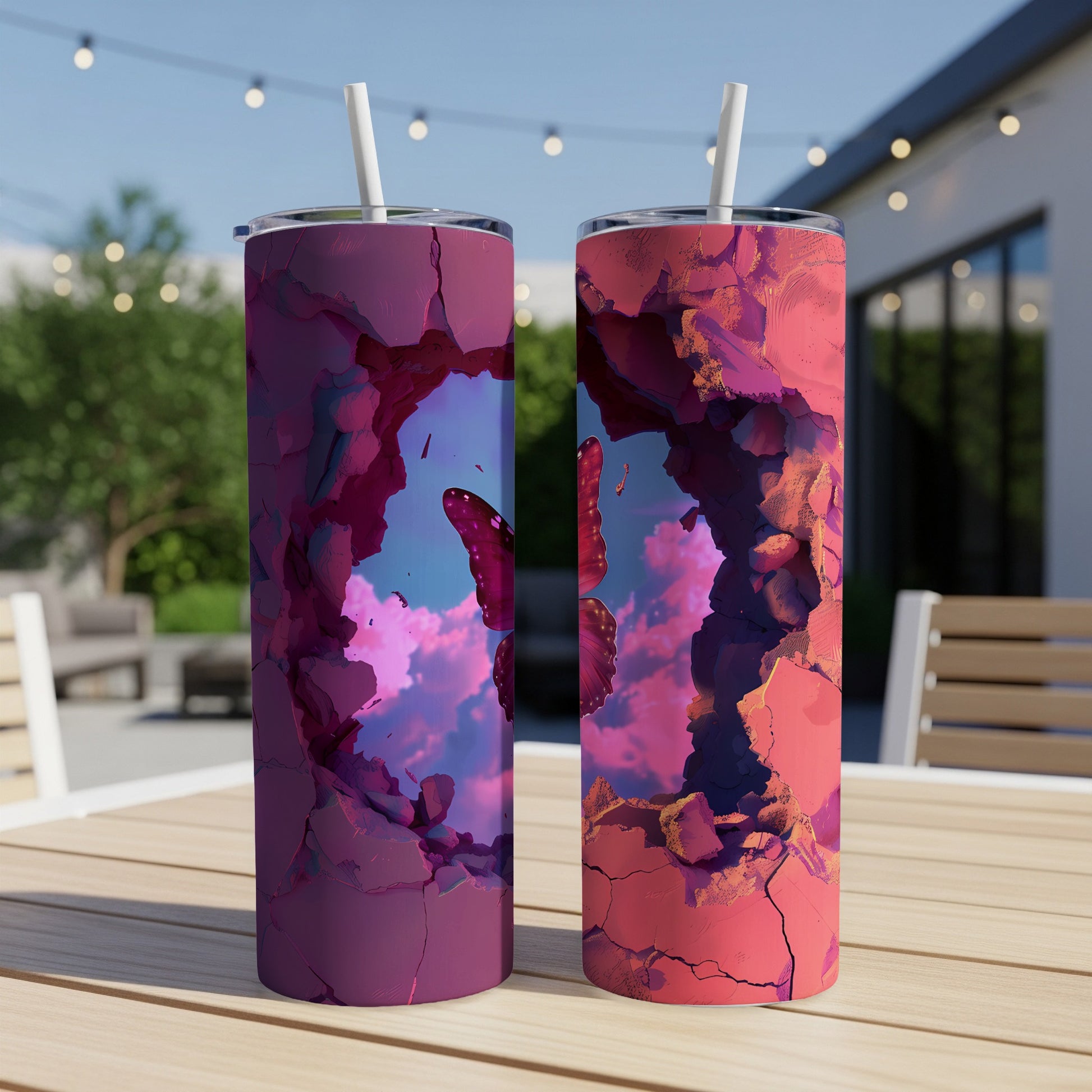 Two purple and pink marbled tumblers with a butterfly and sky design.