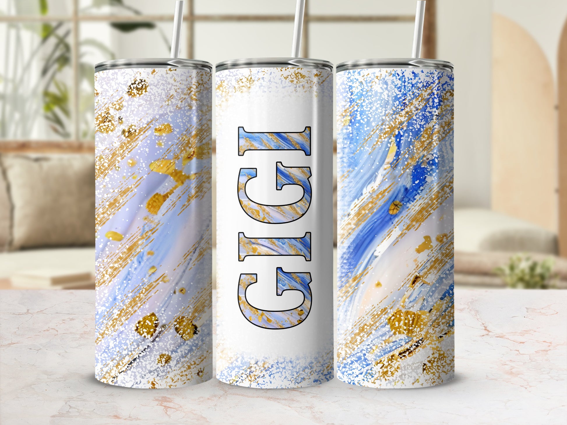 Personalized Gigi Blue Gold Abstract Glitter Tumbler product type