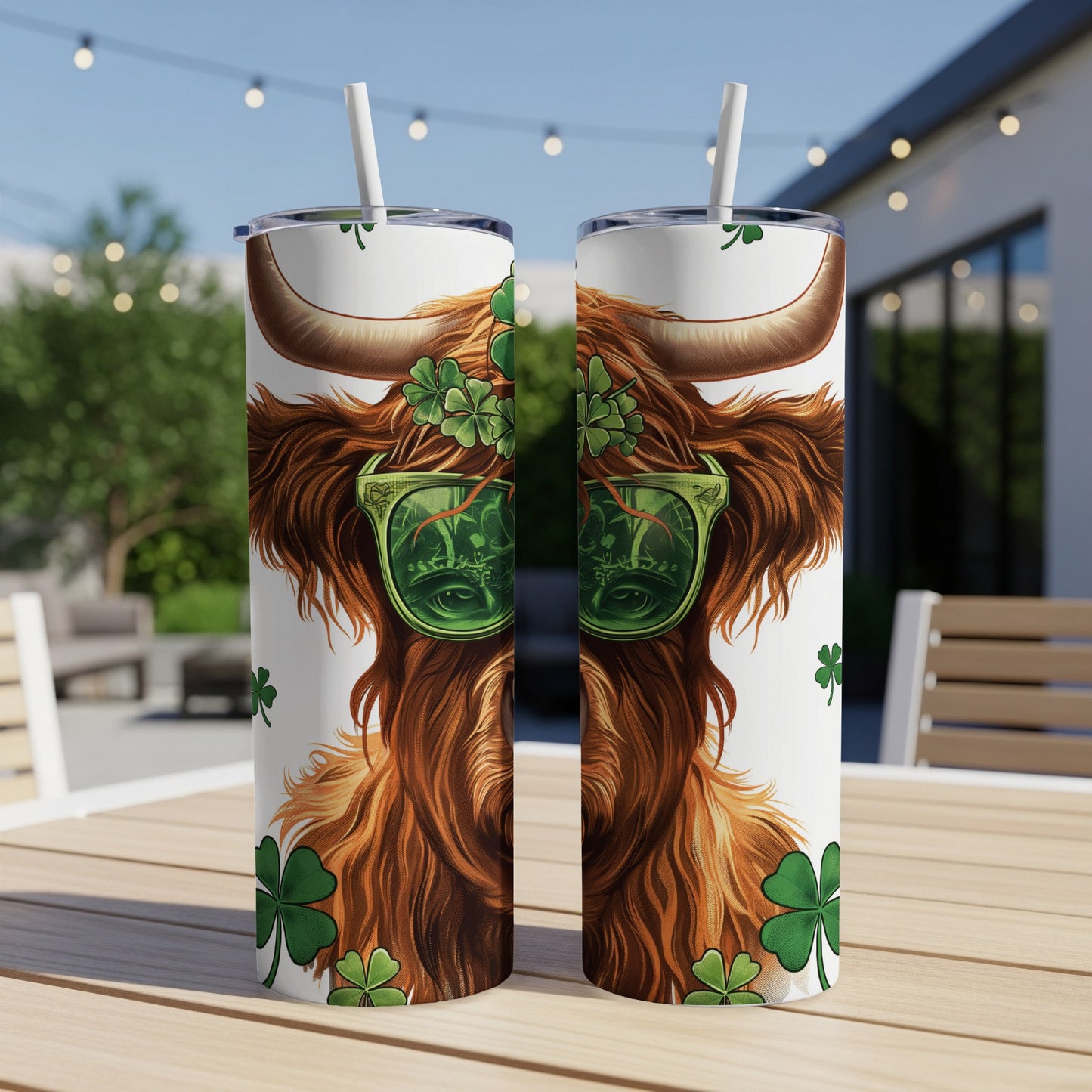 Highland cow with shamrocks and sunglasses on a tumbler.