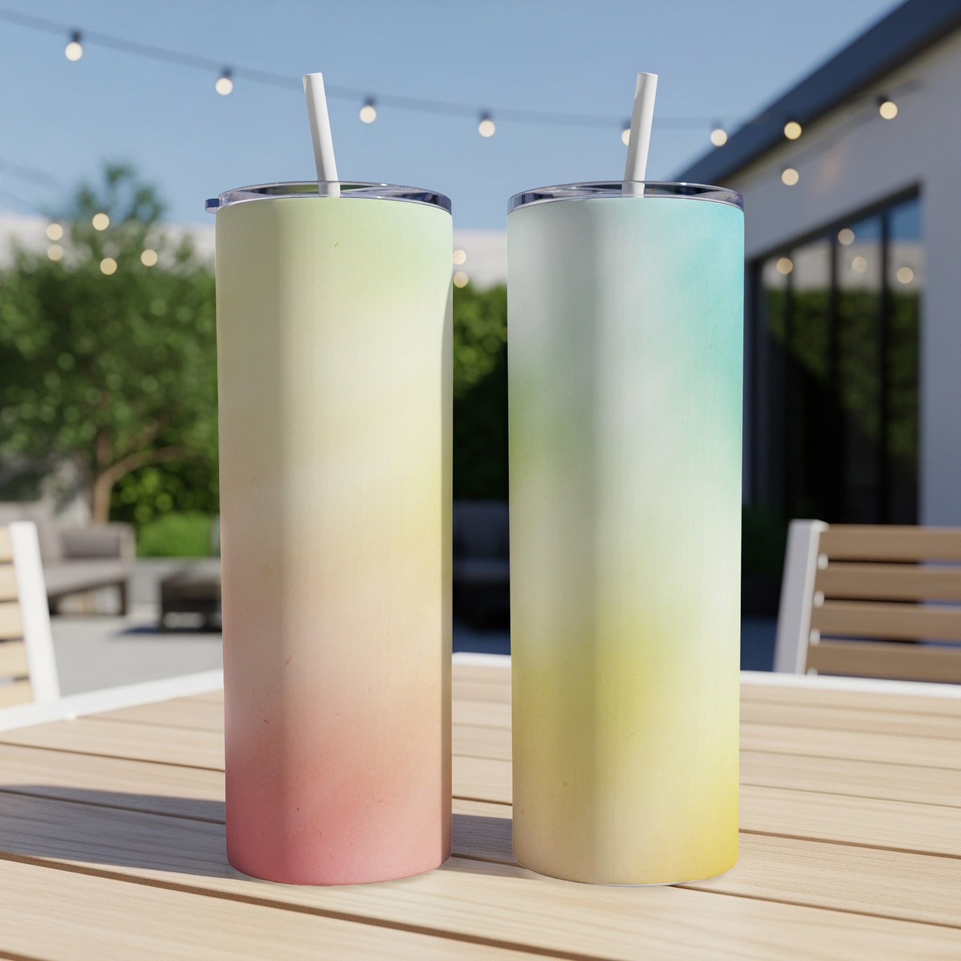 Two tumblers with pastel gradient designs sit on a wooden table outdoors.