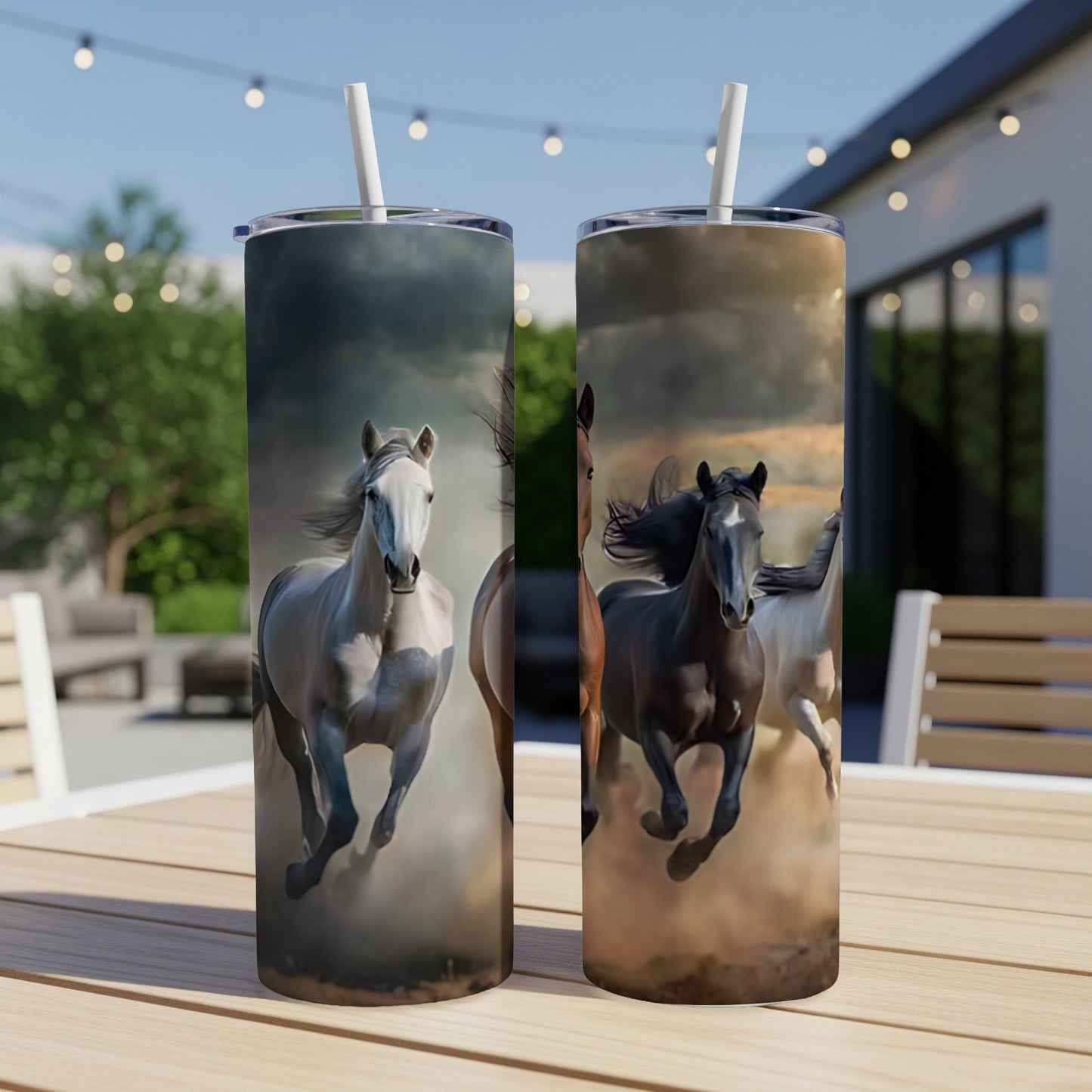 Two tumblers with horses running through dust and smoke.