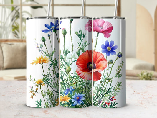 Floral tumbler with poppies, daisies, and wildflowers.