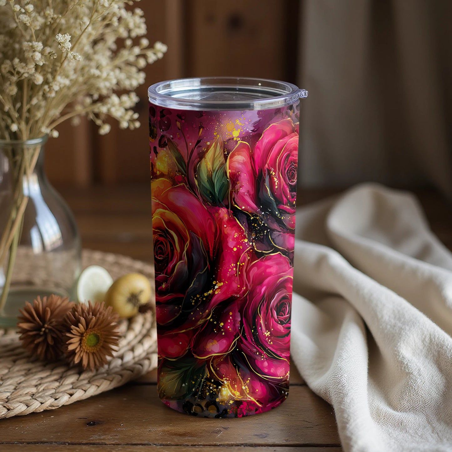Floral Rose Pattern Insulated Tumbler 16Oz Cup