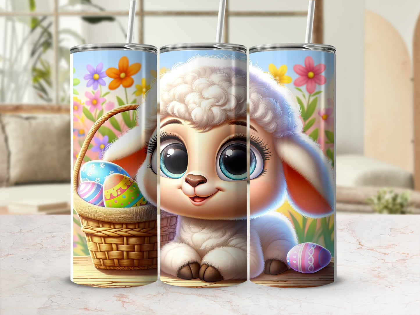 Easter lamb with basket of colorful eggs and flowers.