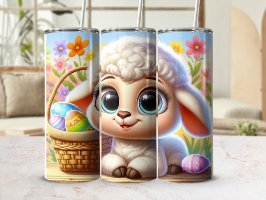 Easter lamb with basket of colorful eggs and flowers.
