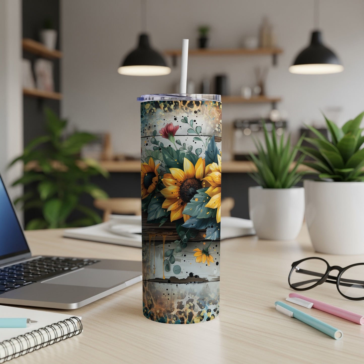 Tumbler with sunflowers, wood grain, and leopard print design.