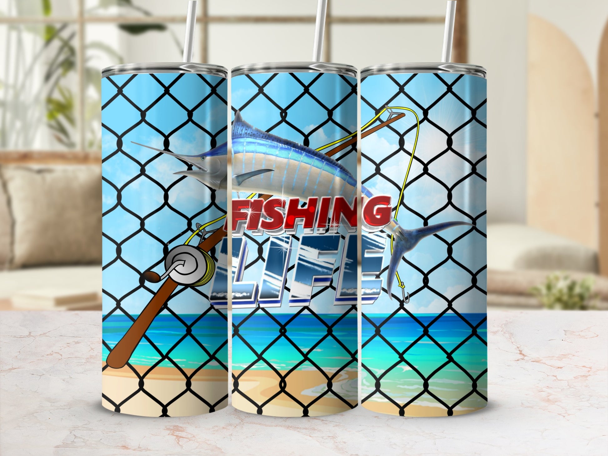 Fishing tumbler with marlin, net, and beach background.