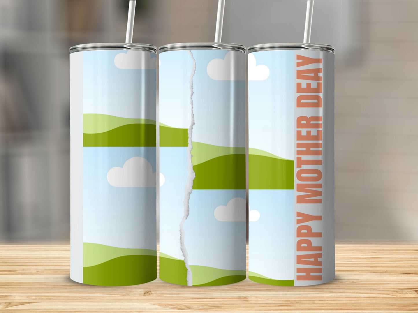 Three tumblers with landscape designs and "HAPPY MOTHER DEAY" text.