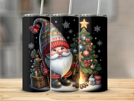 Christmas gnome with Santa hat, holding staff by campfire next to decorated tree and snowman.