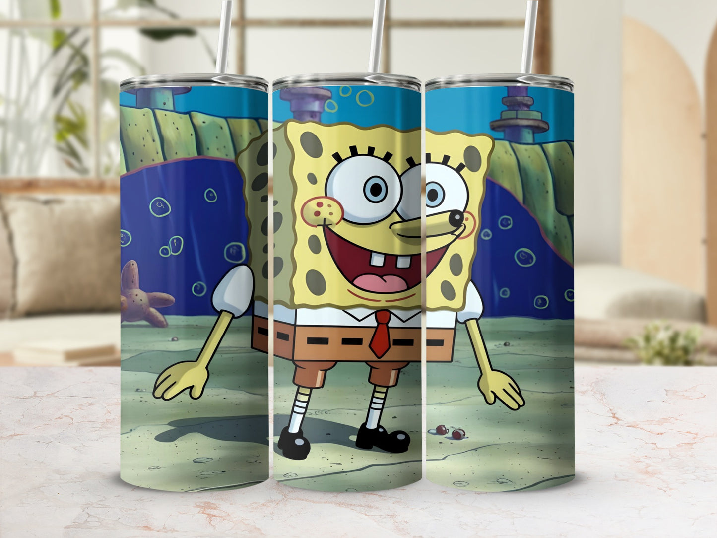 SpongeBob SquarePants character on a cylindrical tumbler with a straw.