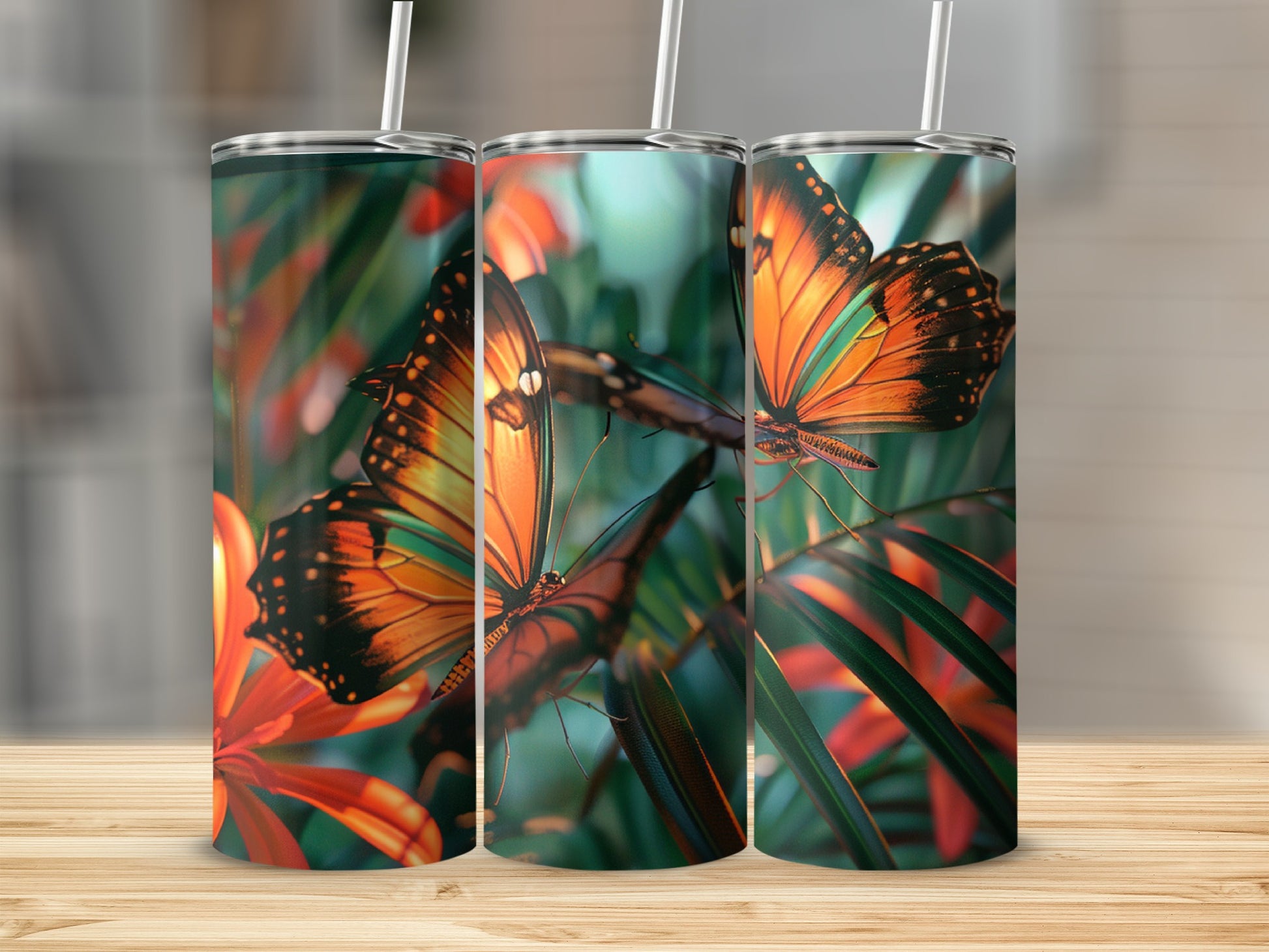 Triptych of tumblers with vibrant orange and black butterflies on lush green foliage.