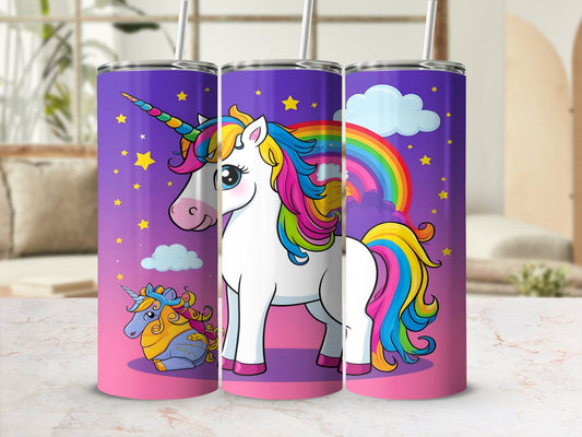 Triptych of tumblers featuring a colorful cartoon unicorn and rainbow on a purple background.