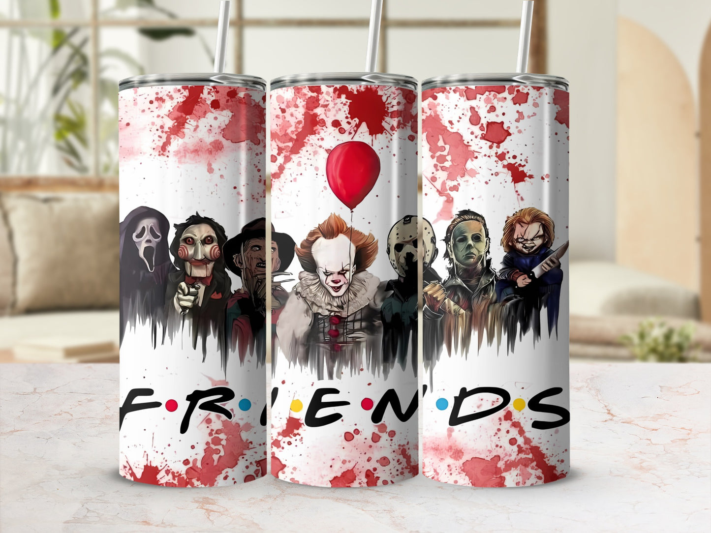 Tumbler with horror characters and "Friends" logo, with red splatters.