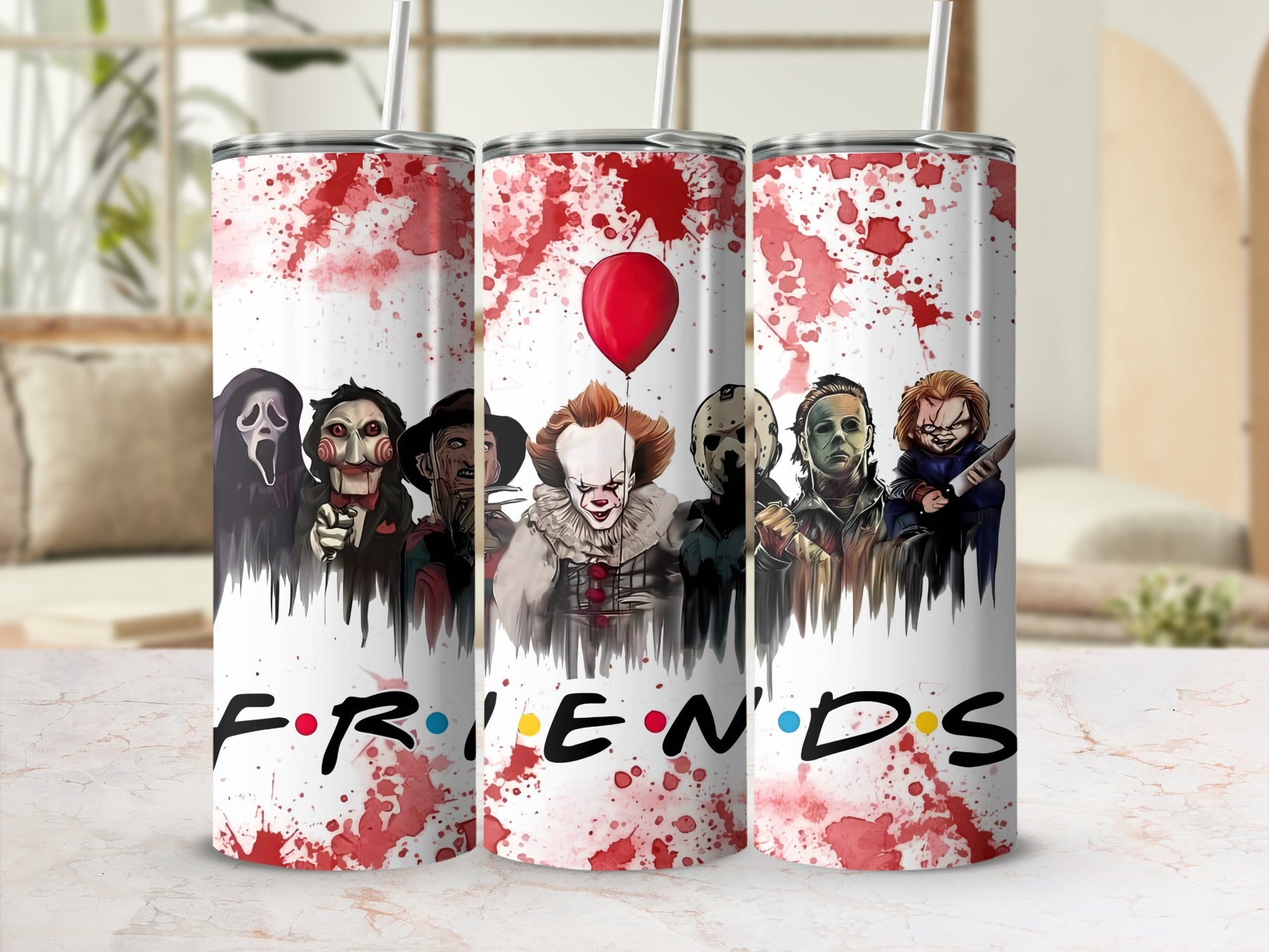 Tumbler with horror characters and "Friends" logo, with red splatters.