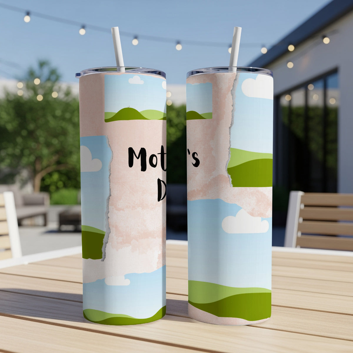 Two tumblers with a pastel landscape design and "Mother's Day" text.