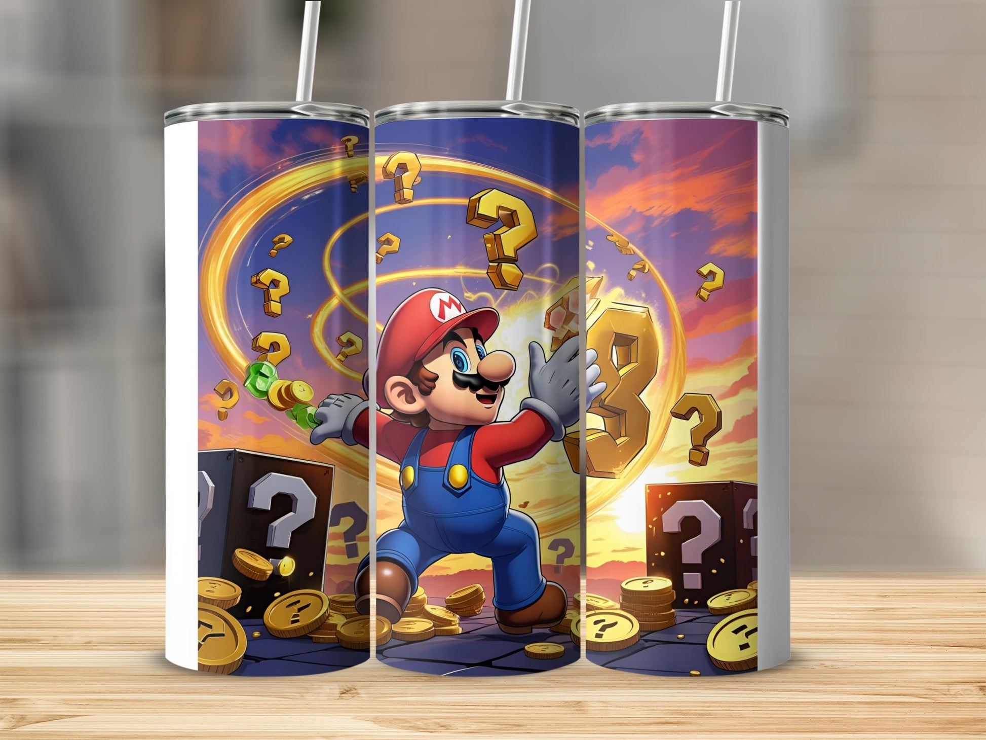 Mario collecting coins and question blocks against a sunset sky.