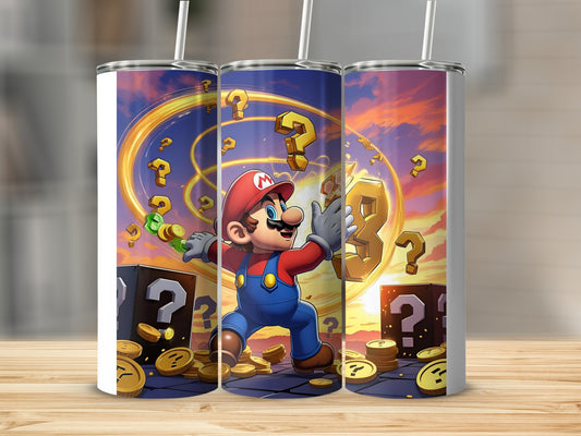 Mario collecting coins and question blocks against a sunset sky.