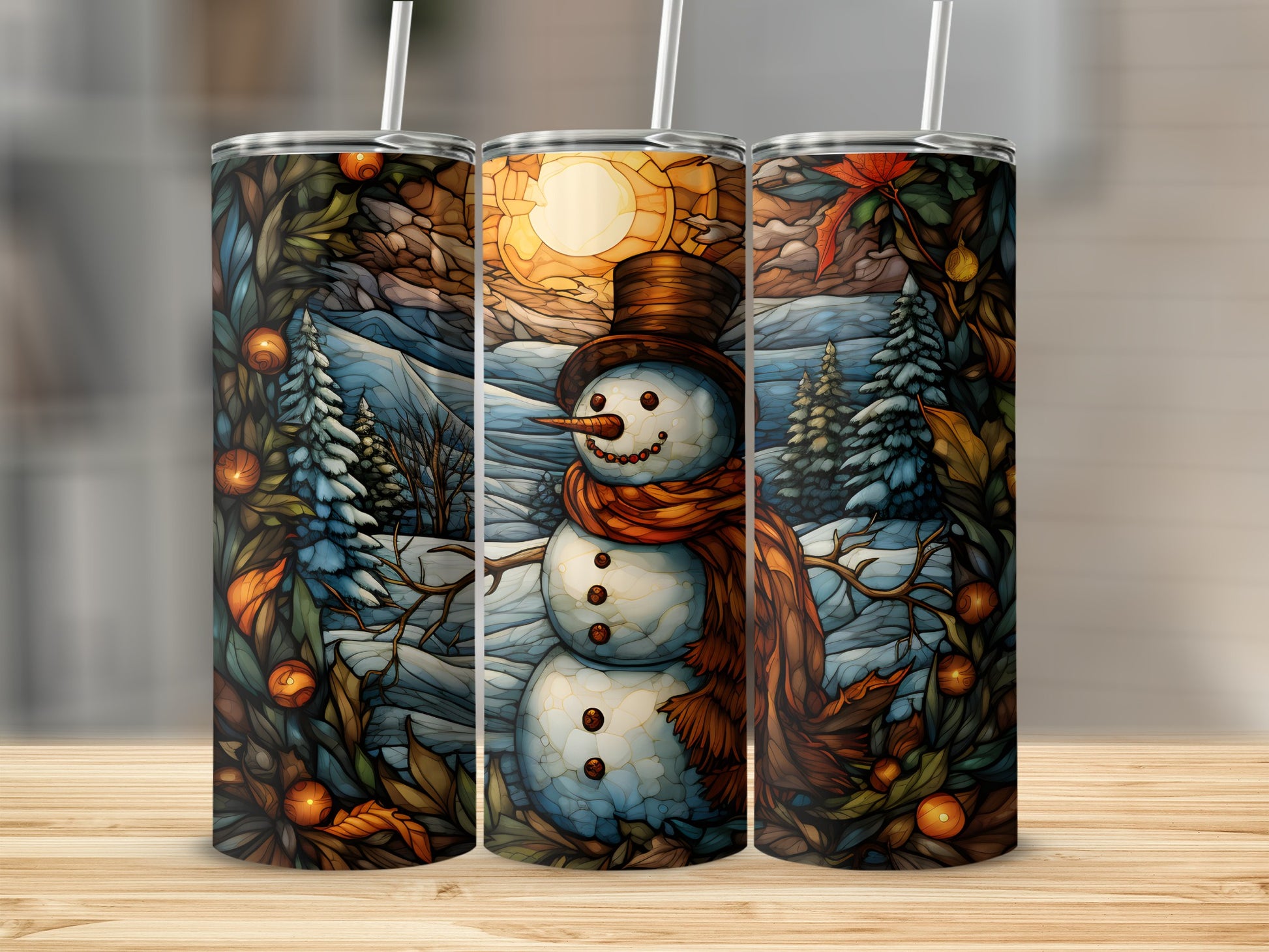 Snowman tumbler with warm scarf, winter landscape, and fruit border.