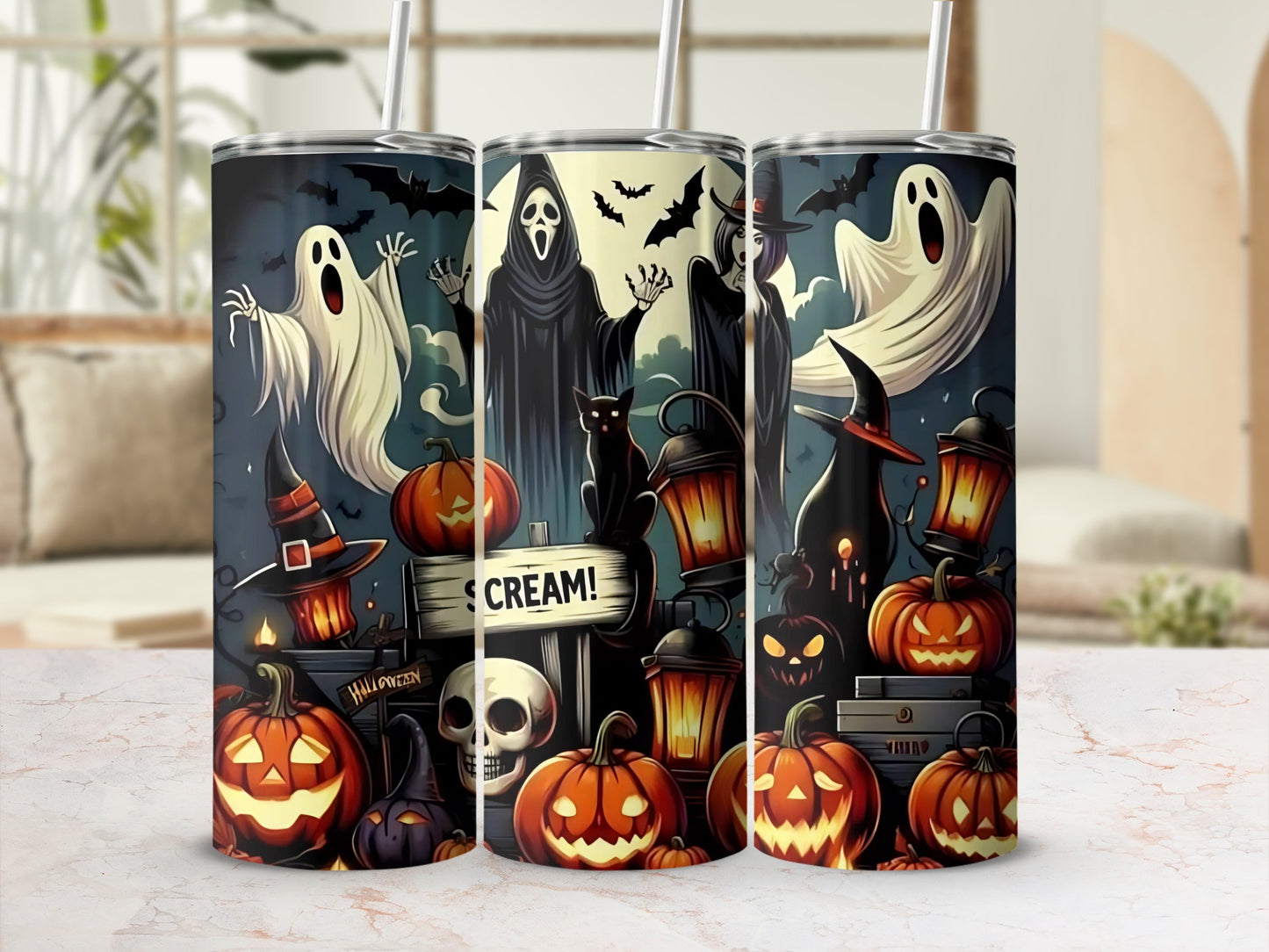 Halloween tumblers with ghosts, bats, pumpkins, skulls, and a sign that says "Scream!".
