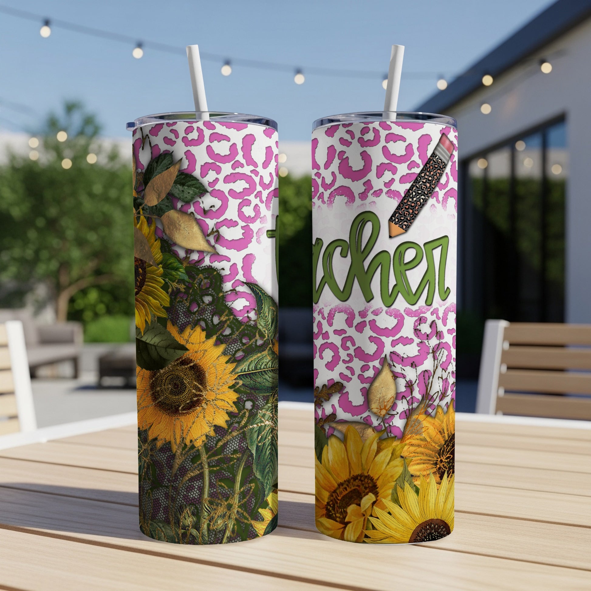 Teacher tumbler with sunflowers and pink leopard print.