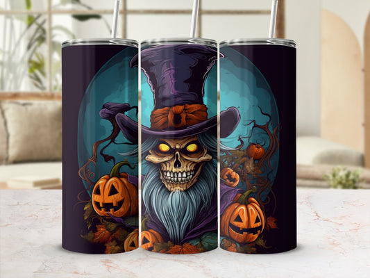 Halloween tumbler with grinning skull in a top hat and pumpkins.