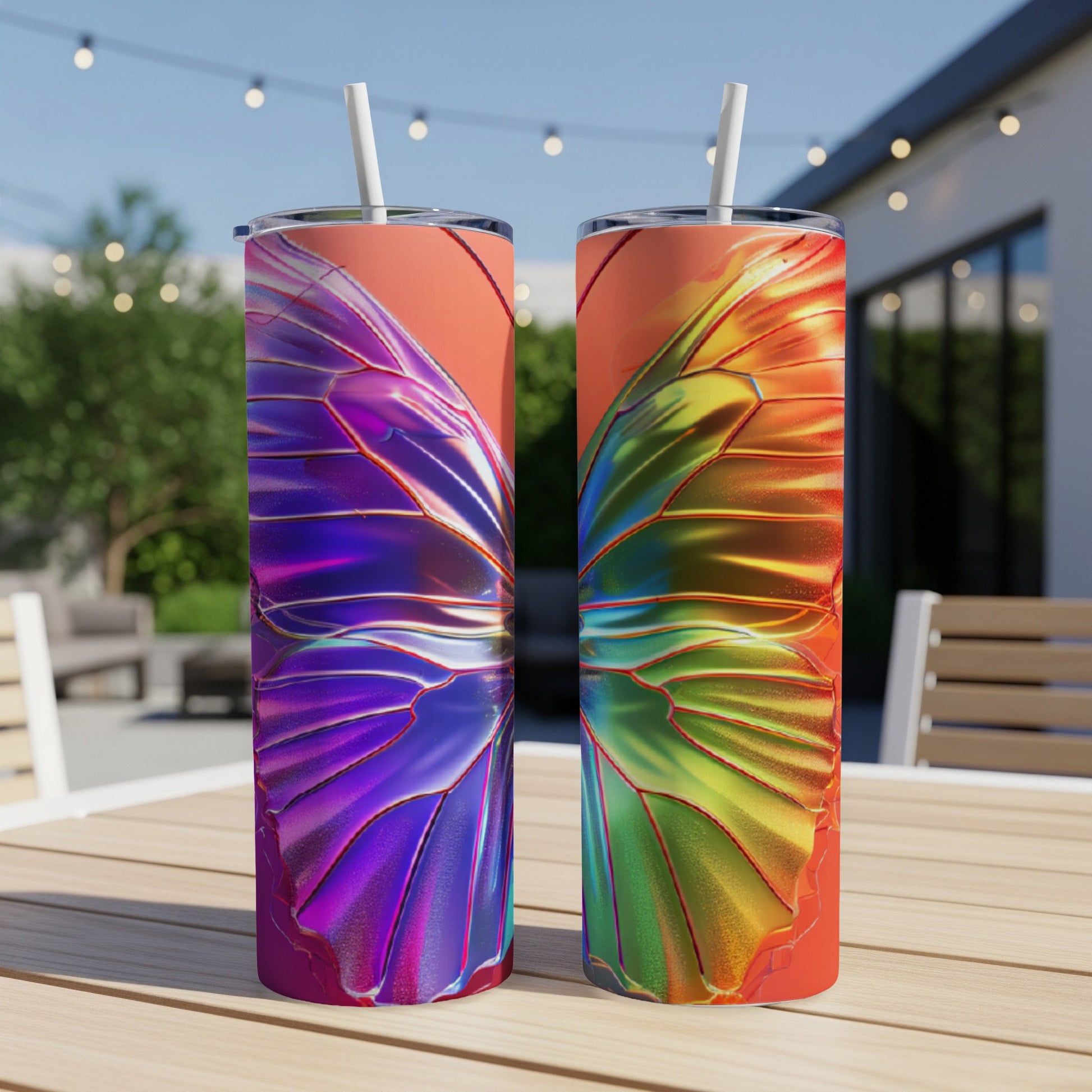Two iridescent butterfly wing patterned tumblers on a wooden table.