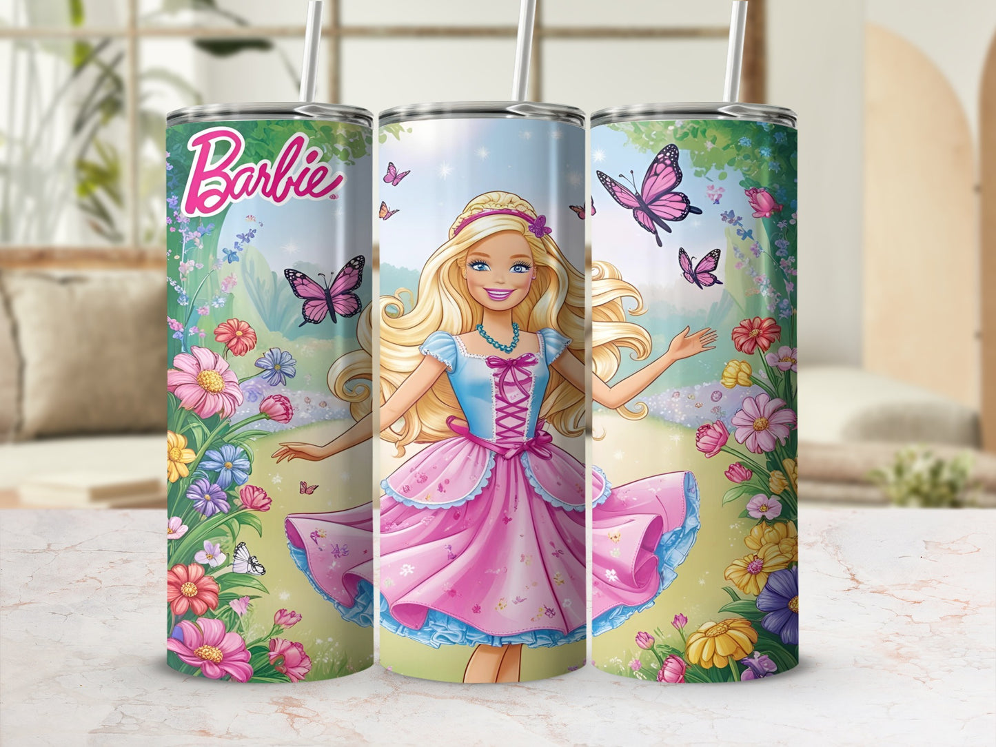 Barbie in pink dress with butterflies and flowers, on a tumbler.