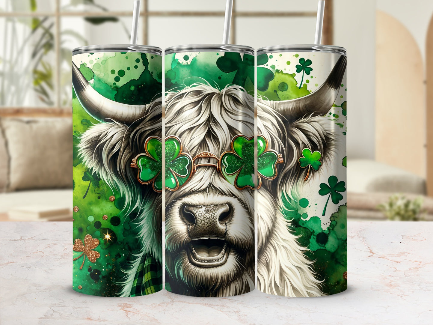 Highland cow wearing shamrock sunglasses with green watercolor background.