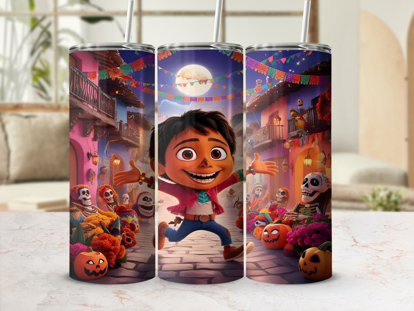 Manolo from The Book of Life running with Day of the Dead decorations.