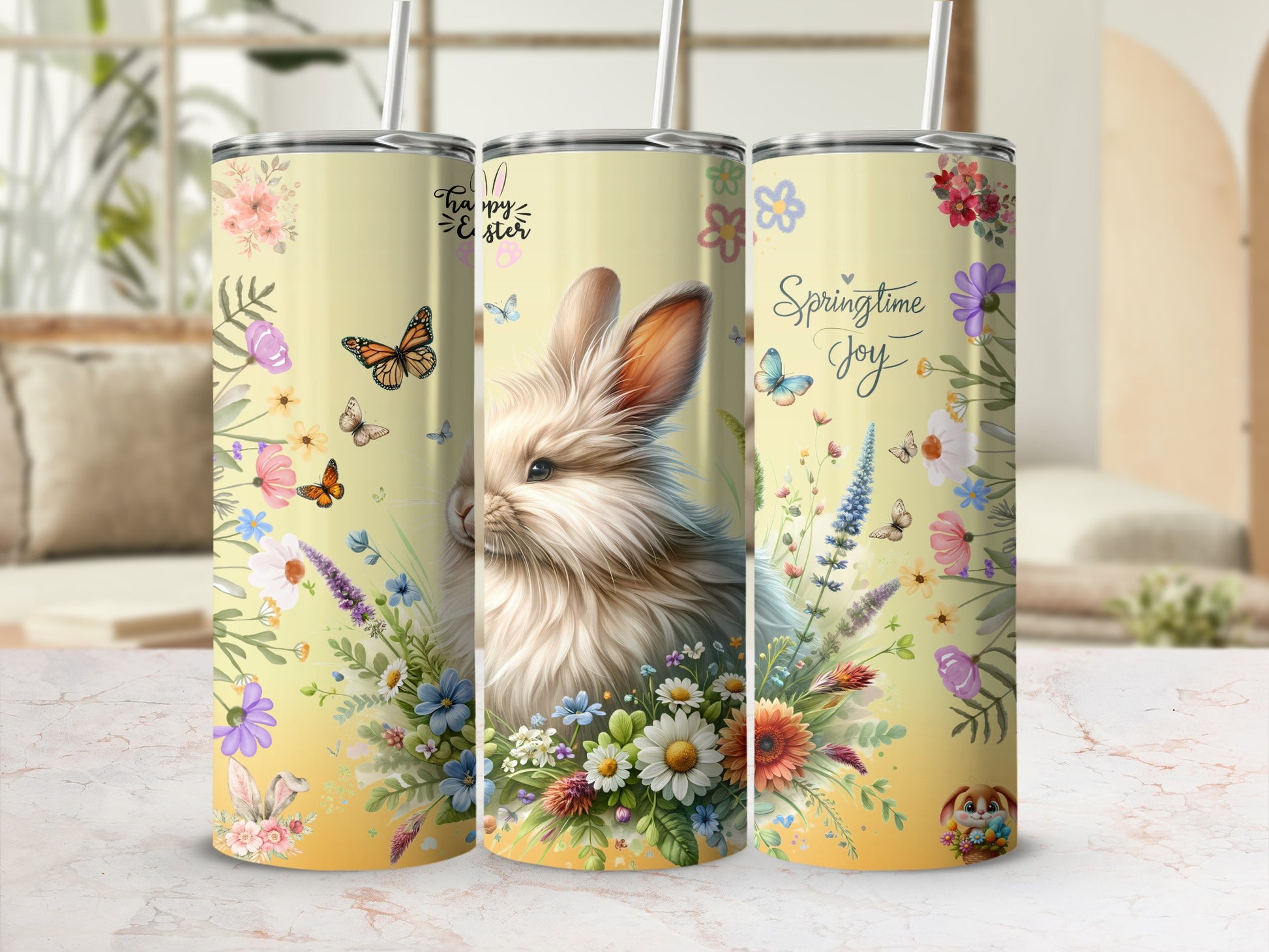 Happy Easter Springtime Joy Floral Bunny Tumbler