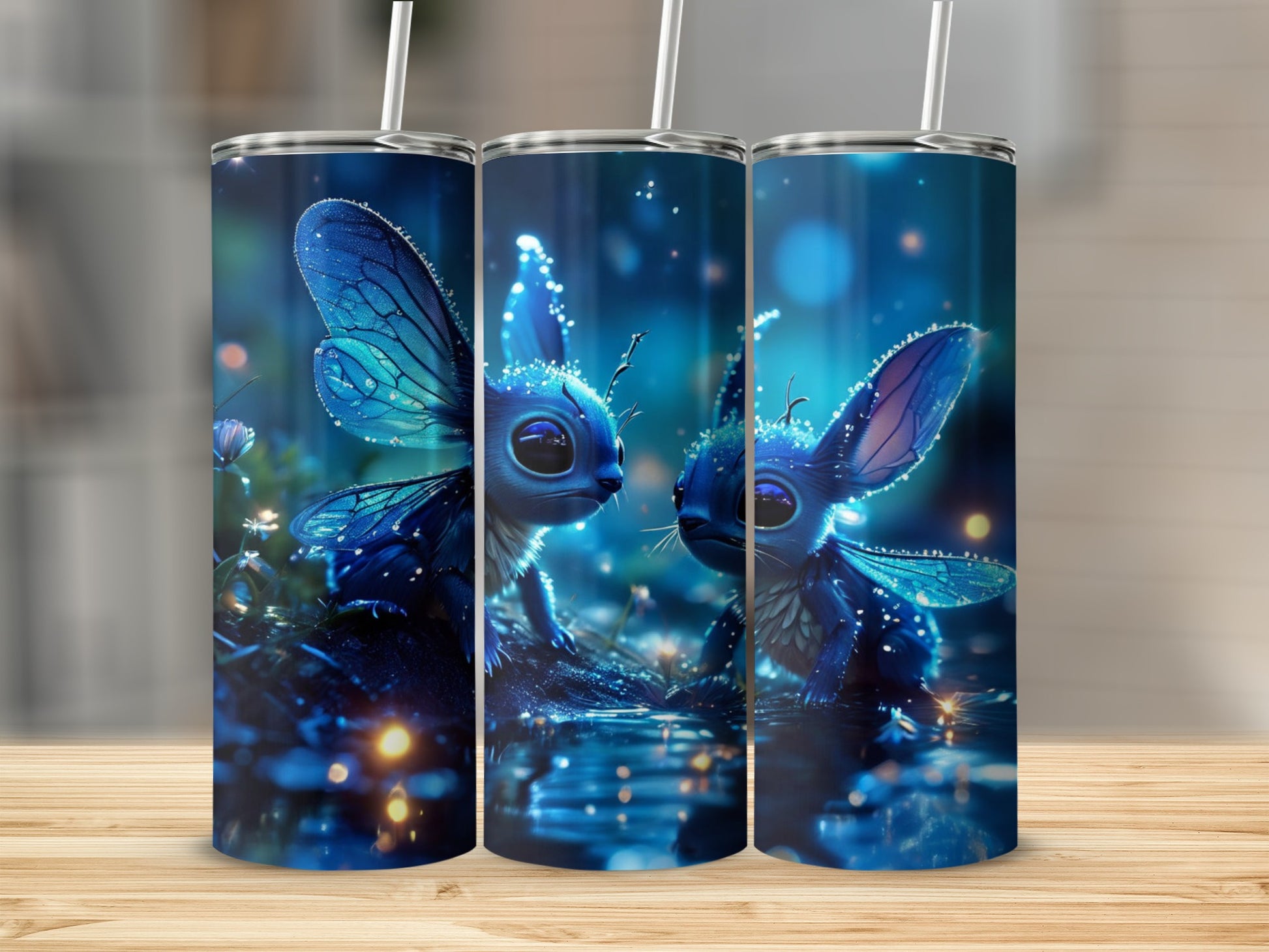 Two blue fairy-like creatures with large ears and wings on a dark, sparkly background.