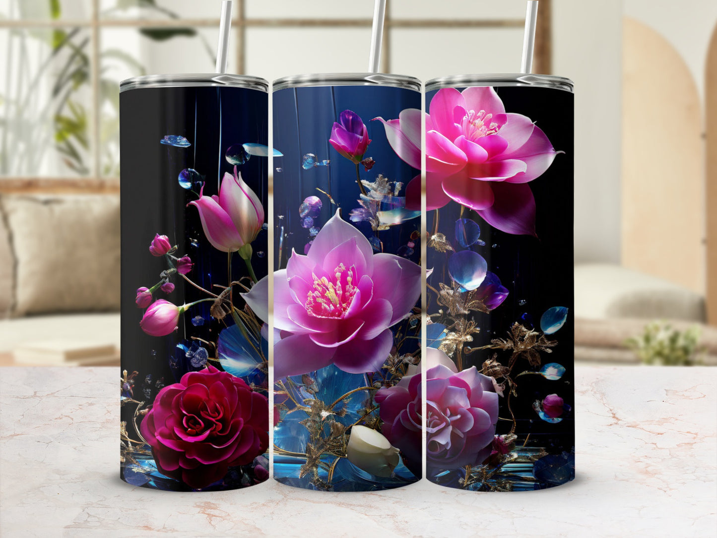 Three tumblers with a dark background, pink flowers, and blue water droplets.