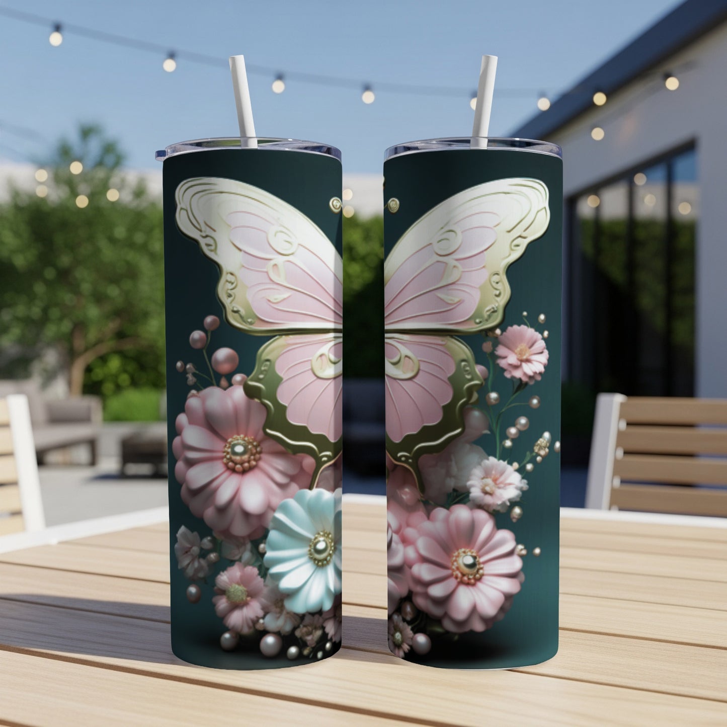 Two tumblers with a pink and white butterfly and floral design.
