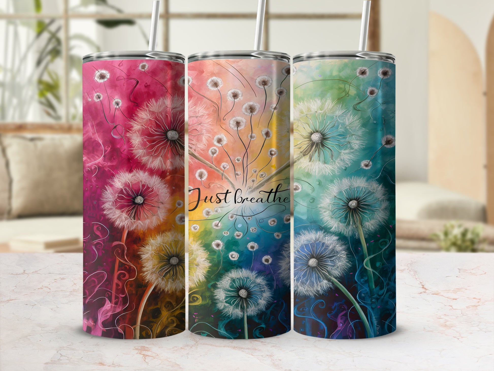 Colorful Dandelions Just Breathe Insulated Tumbler