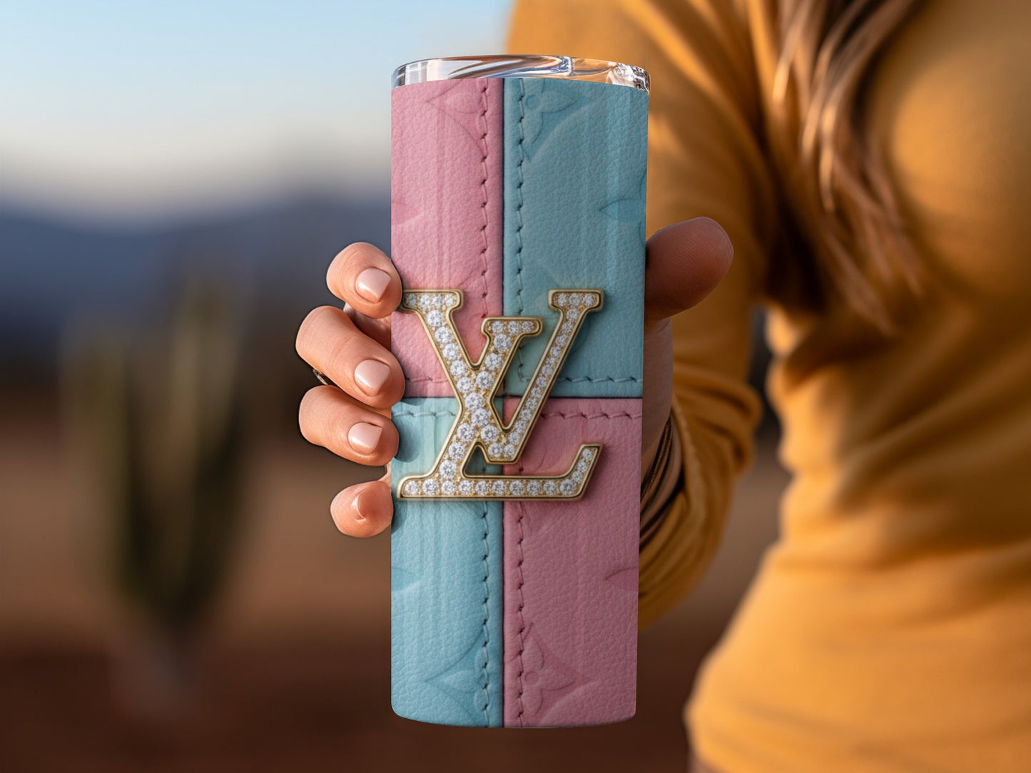 Stylish Pastel Pink and Blue LV Tumbler with Rhinestones