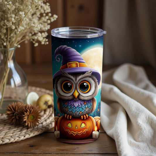 Cute Halloween Owl Tumbler with Pumpkin and Hat Design