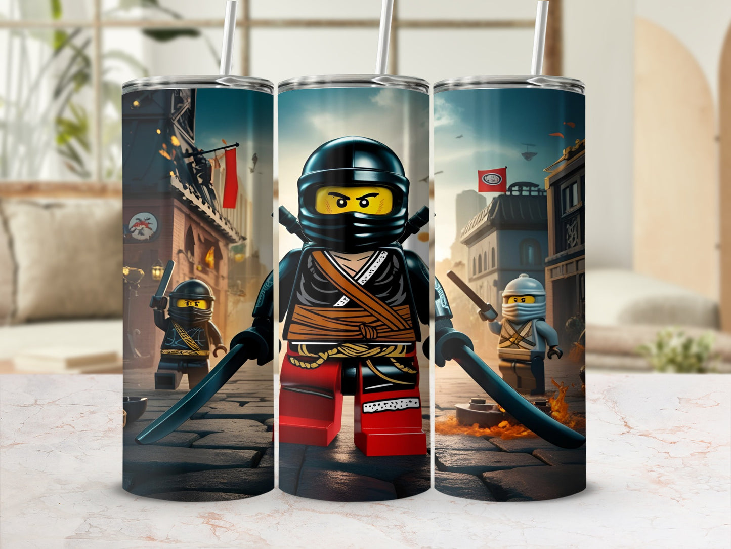 Ninja warrior tumbler with a stylized city background.